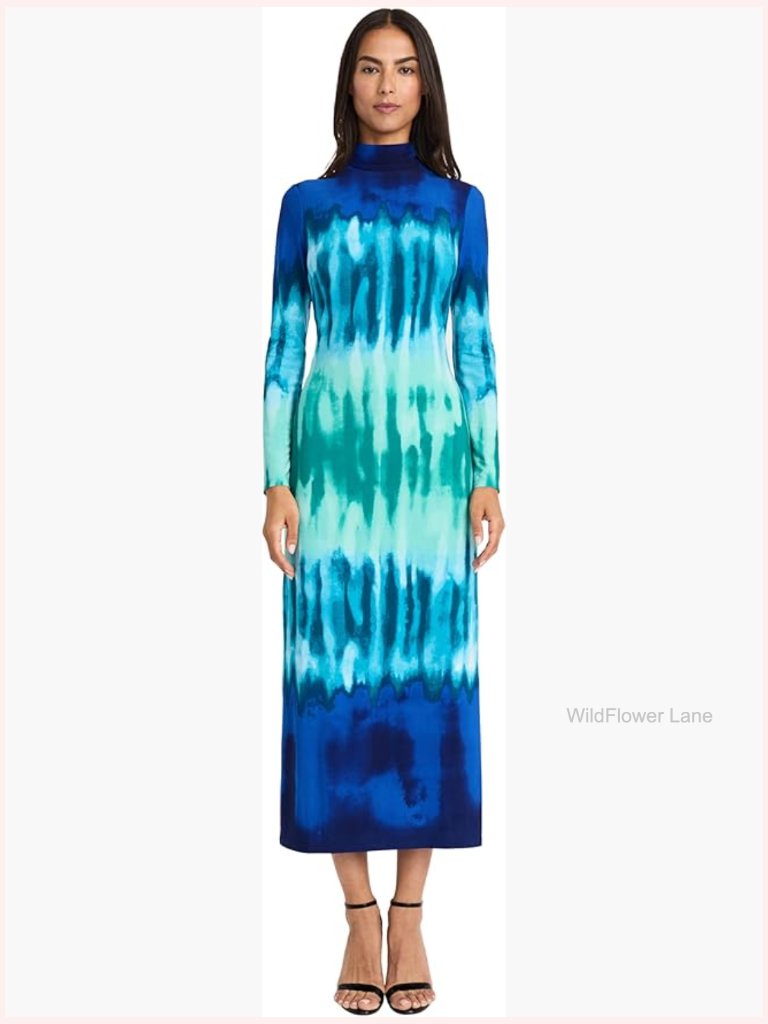 Long Sleeve High Mock Neck Fitted Tie-Dye Maxi Dress - Formal
